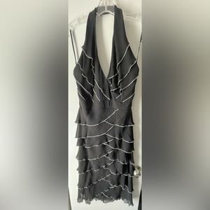 TADASHI HALTER LAYERED RUFFLE COCKTAIL DRESS IN BLACK W/ TINY WHITE TRIM SIZE 12